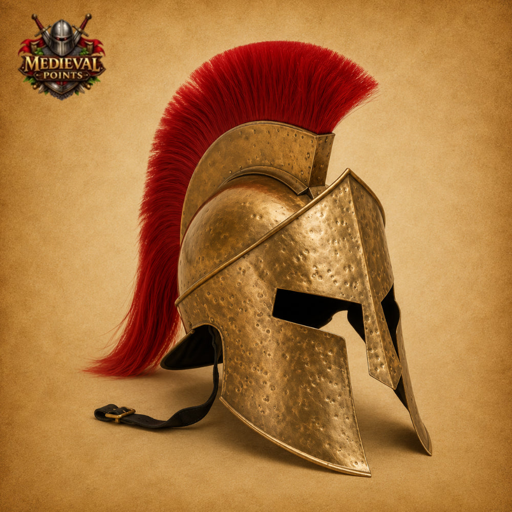 Spartan Helmet with Red Plume | King Leonidas Steel Helmet | Includes Wooden Display Stand