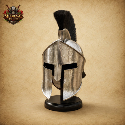 King Leonidas Greek Spartan Helmet with Black Plume & Wooden Display Stand
