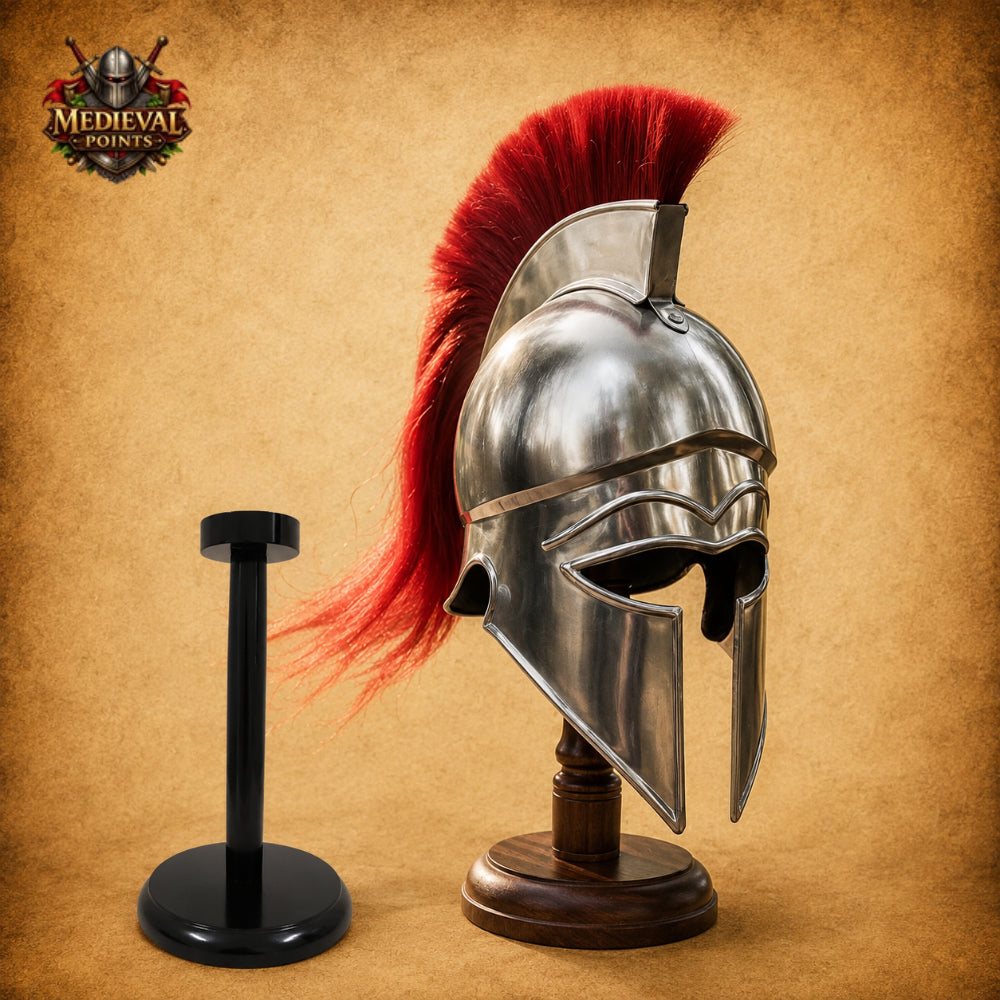 Greek Corinthian Helmet Silver Finish with Red Plume | Medieval Warrior Display Armor