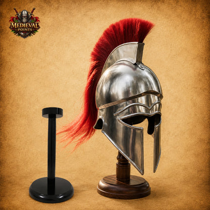 Greek Corinthian Helmet Silver Finish with Red Plume | Medieval Warrior Display Armor