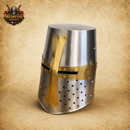 Crusader Knight Helmet Replica with Wooden Display Stand | Medieval Steel Armor