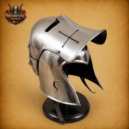 Medieval Barbuta Helmet with Wooden Display Stand – Silver Steel Armor