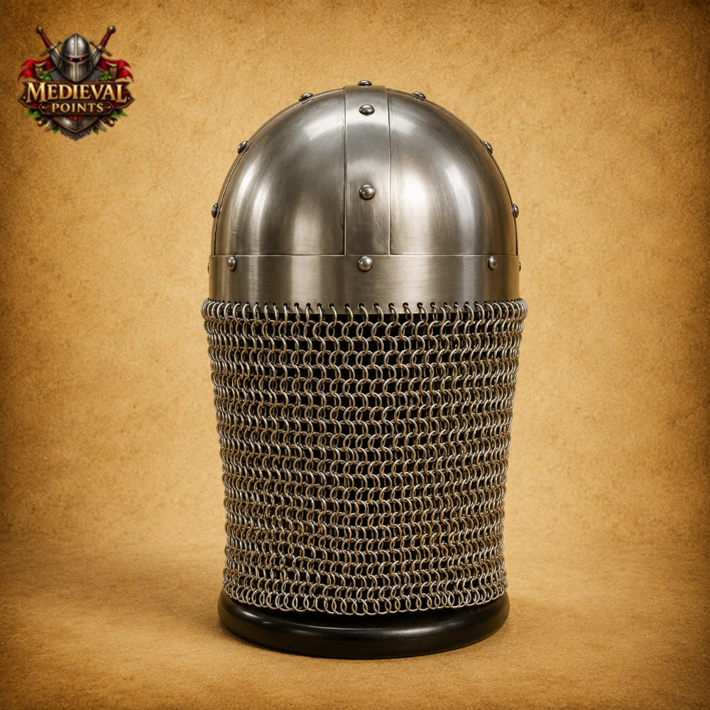 Viking Vendel Spectacle Helmet with Chainmail & Wooden Display Stand