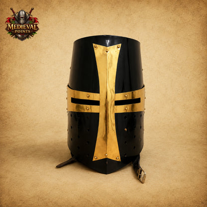 Medieval Templar Crusader Helmet with Wooden Display Stand