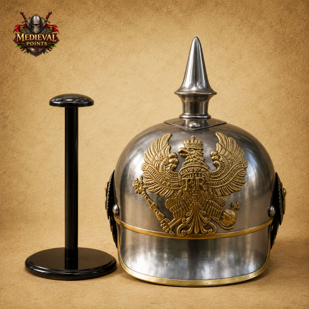 German Pickelhaube Spike Helmet | Military Replica with Wooden Display Stand
