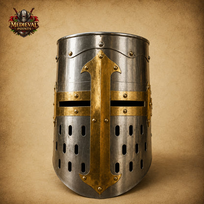 Templar Knight Helmet with Wooden Display Stand – Medieval Crusader Great Helm