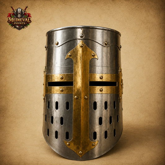 Templar Knight Helmet with Wooden Display Stand – Medieval Crusader Great Helm