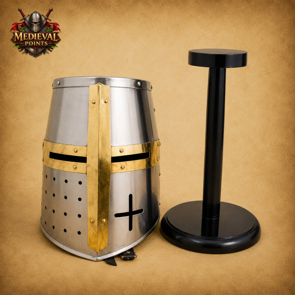 Medieval Templar Helmet with Wooden Display Stand