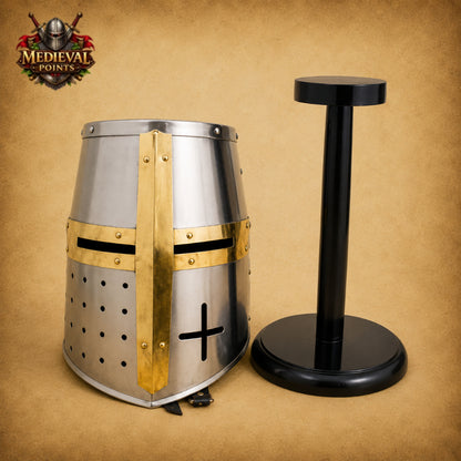 Medieval Templar Helmet with Wooden Display Stand