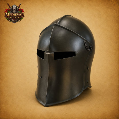 Medieval Black Barbute Steel Helmet | Wearable Knight Armor with Display Stand