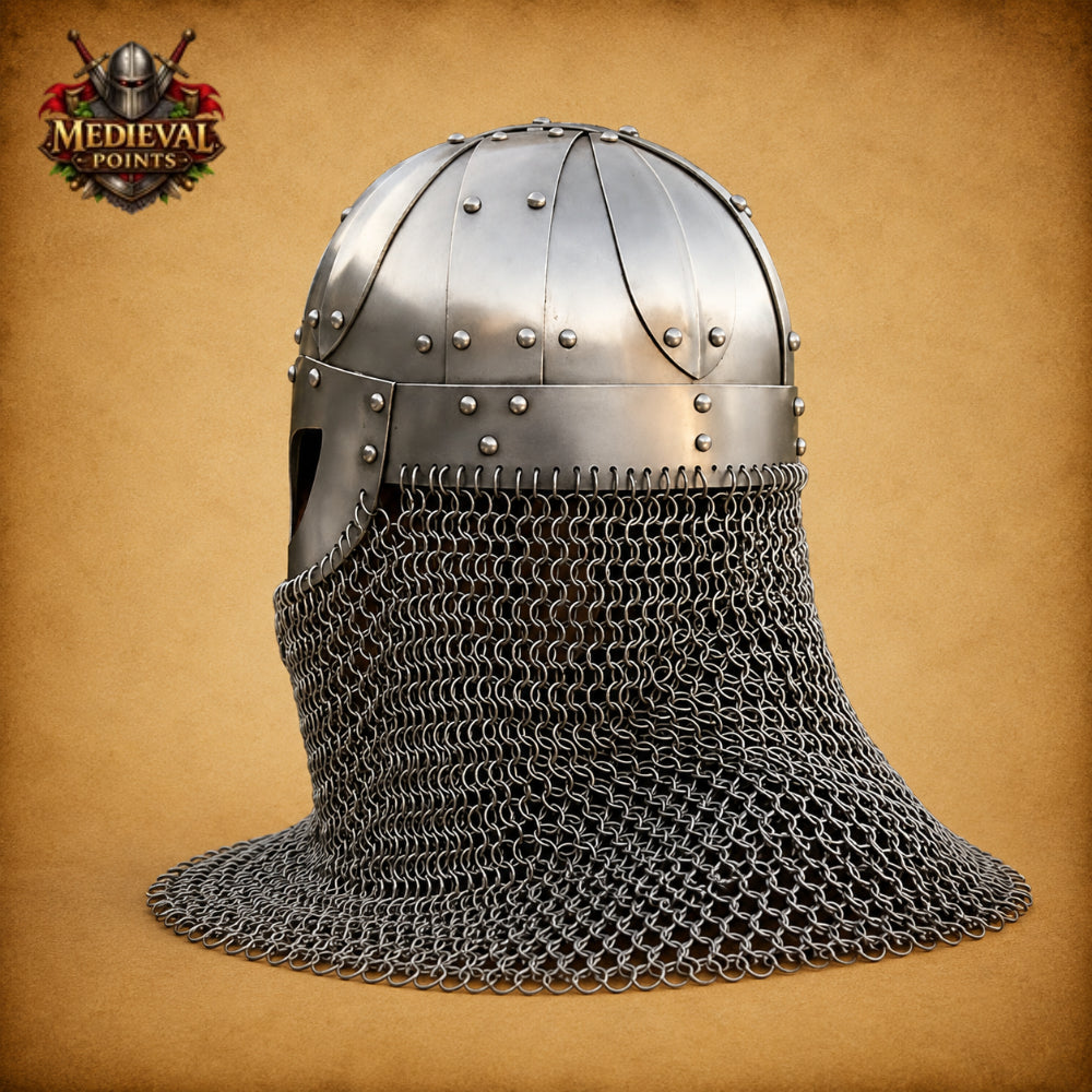 18 Gauge Medieval Viking Chainmail Helmet with  Wooden Stand