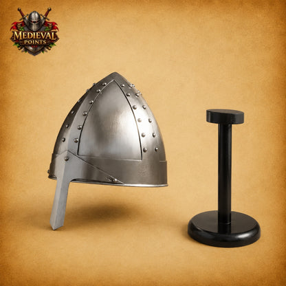 Medieval Norman Warrior Helmet with Nasal Guard & Wooden Display Stand