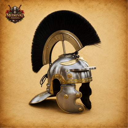 Roman Helmet with Black Plume & Wooden Display Stand