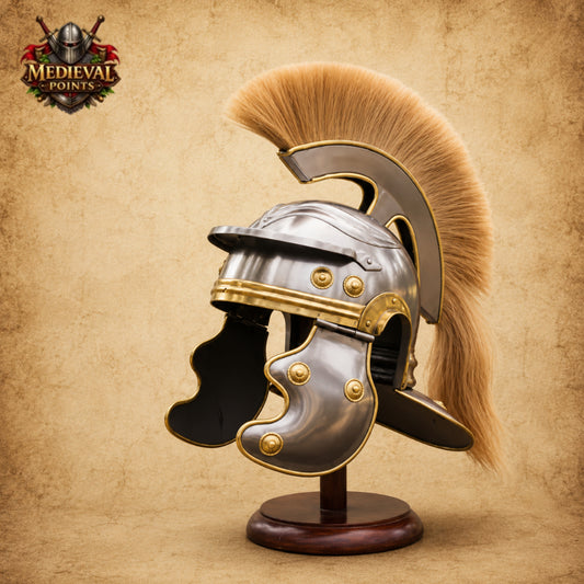 Roman Centurion Helmet with Brown Horsehair Plume & Wooden Display Stand