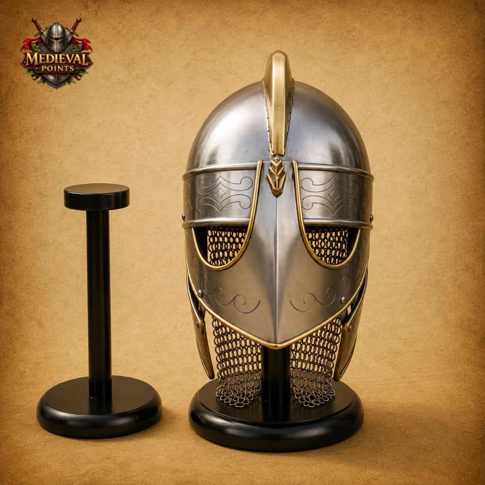 Medieval Viking Chainmail Helmet with Wooden Display Stand – Norse Warrior Armor