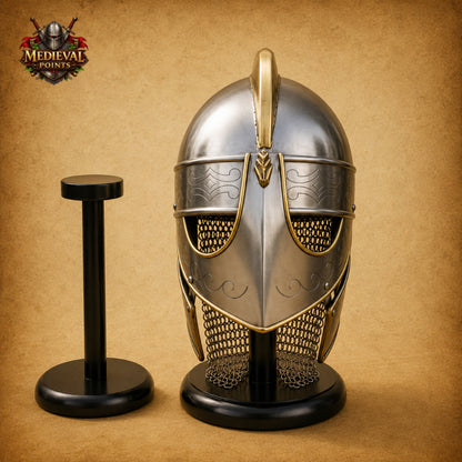 Medieval Viking Chainmail Helmet with Wooden Display Stand – Norse Warrior Armor