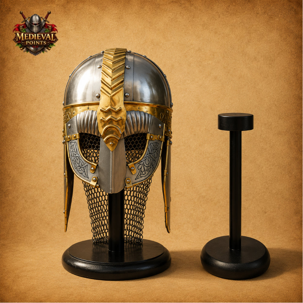 Viking Gjermundbu Helmet with Wooden Display Stand – Medieval Norse Warrior Armor