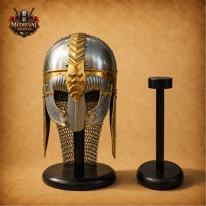 Viking Gjermundbu Helmet with Wooden Display Stand – Medieval Norse Warrior Armor
