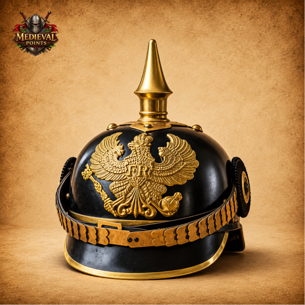 German Pickelhaube Black Steel Helmet | Imperial Officer Replica with Wooden Display Stand