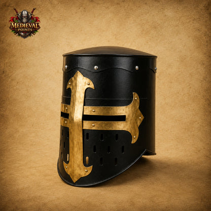 Medieval Crusader Helmet with Wooden Display Stand – Black Knight Great Helm