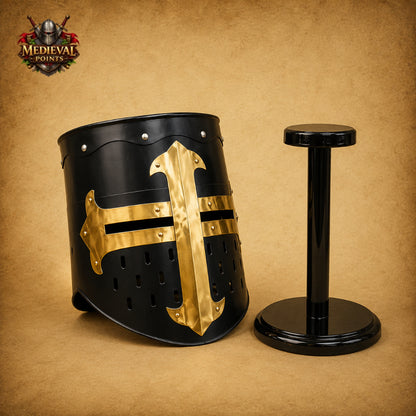 Medieval Crusader Helmet with Wooden Display Stand – Black Knight Great Helm
