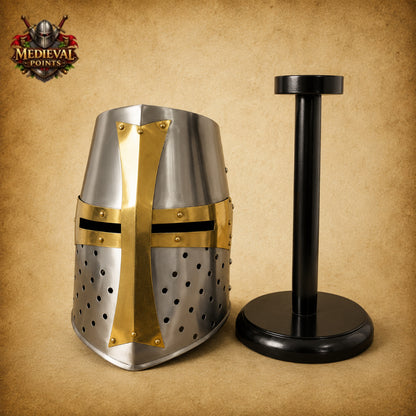 Crusader Knight Helmet Replica with Wooden Display Stand | Medieval Steel Armor