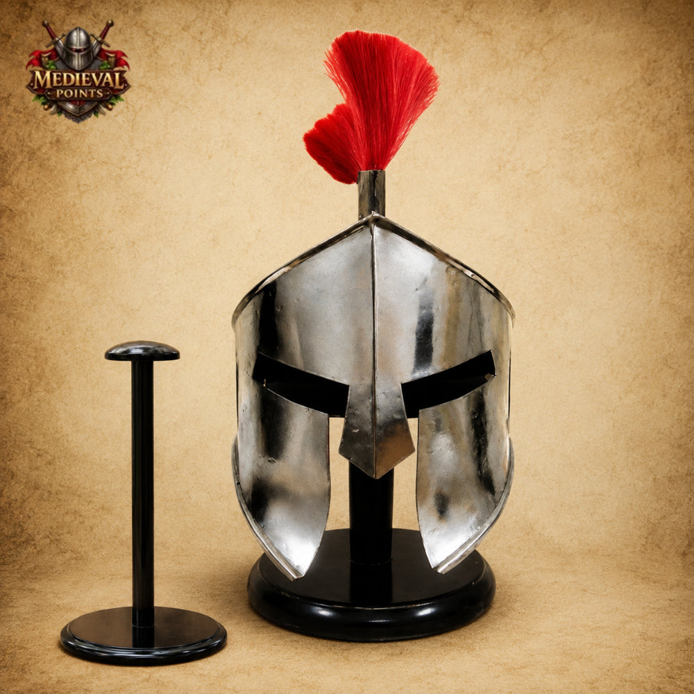 King Leonidas 300 Spartan Helmet with Red Plume & Wooden Display Stand | Greek Warrior Helmet Replica
