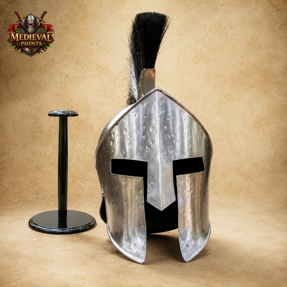 King Leonidas Greek Spartan Helmet with Black Plume & Wooden Display Stand