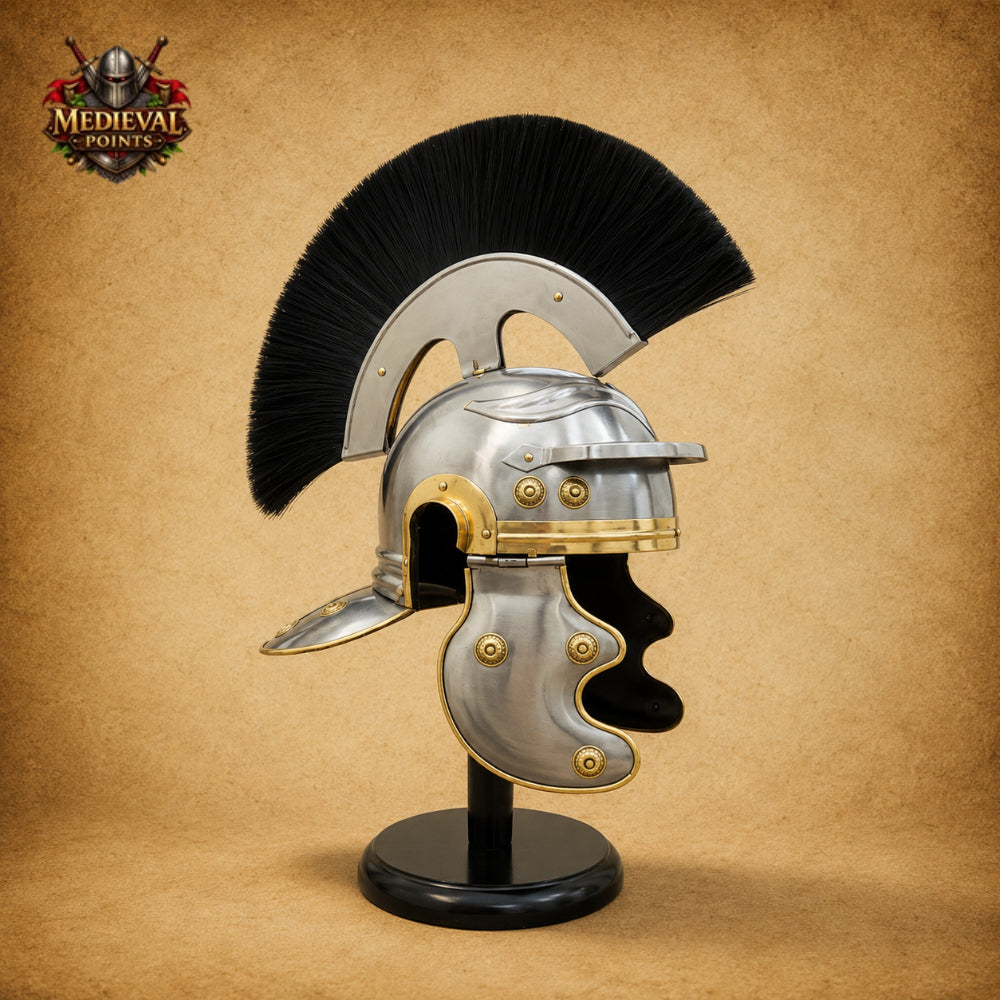 Roman Helmet with Black Horsehair Plume & Wooden Display Stand