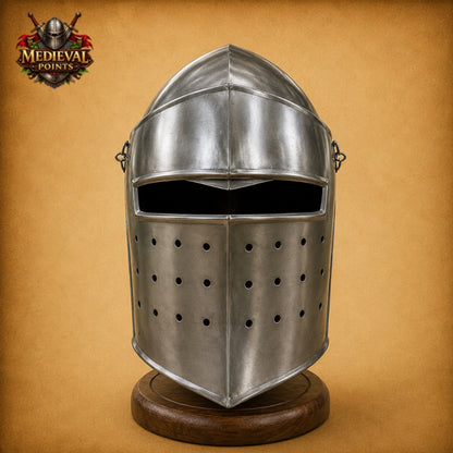 Medieval Knight Barbute Helmet Armor with Wooden Display Stand