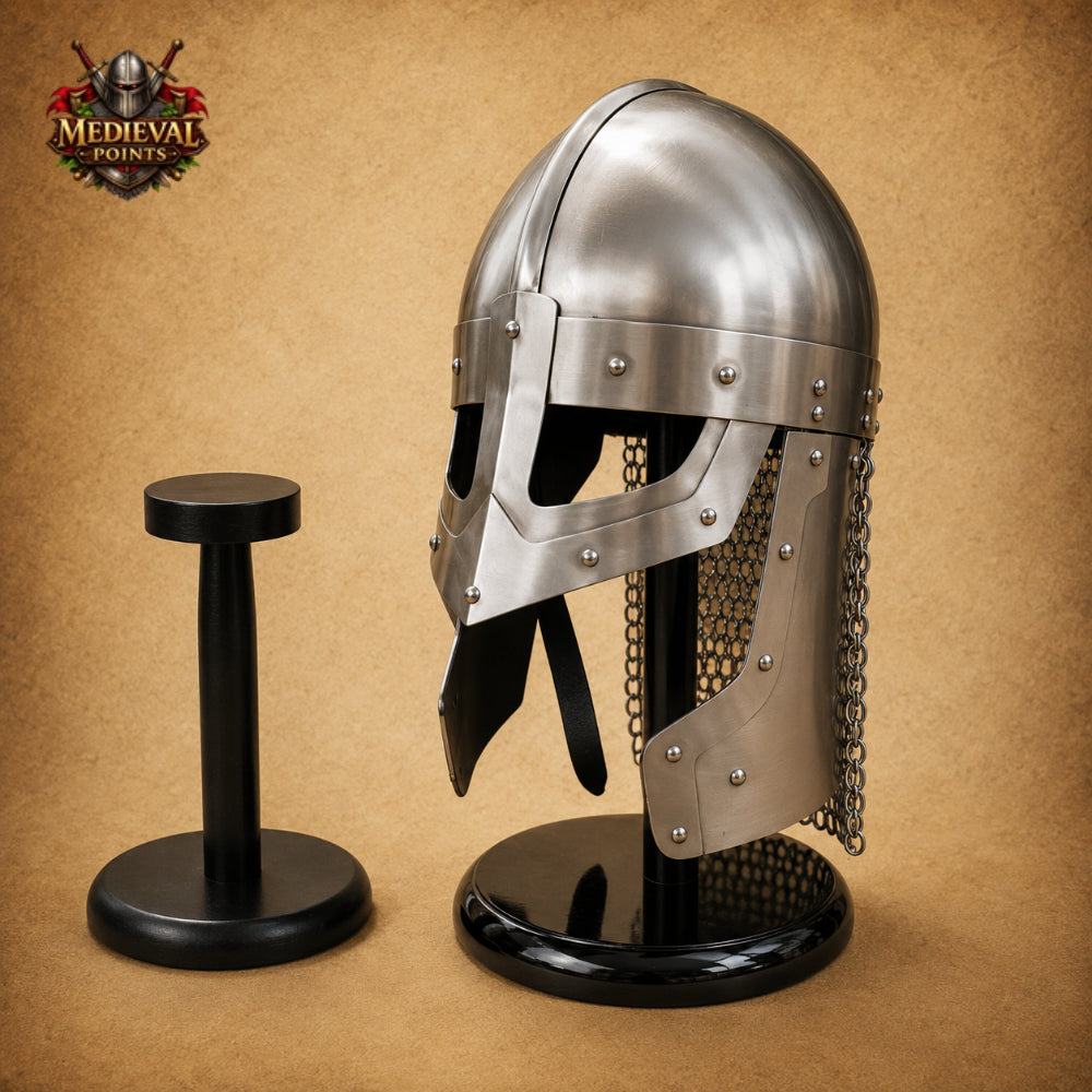 Medieval Raven Viking Helmet with Chainmail & Wooden Display Stand