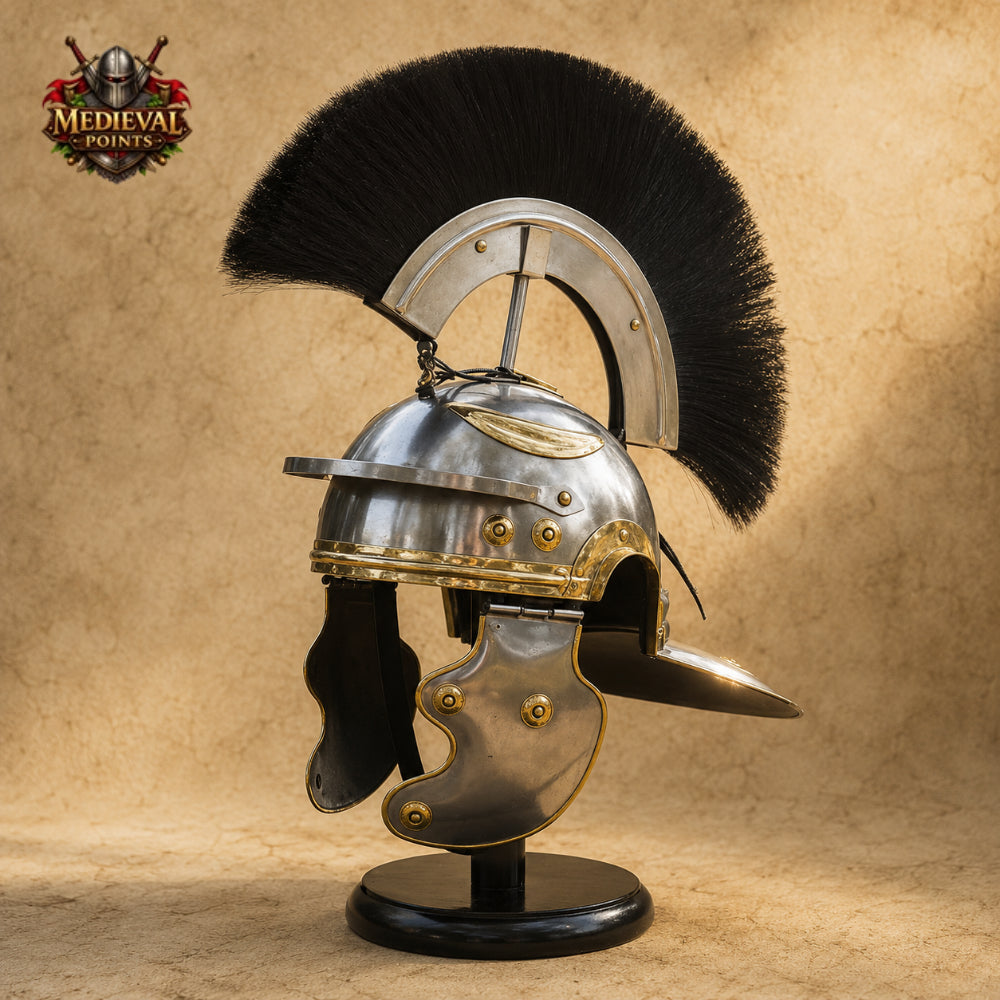 Roman Helmet with Black Plume & Wooden Display Stand