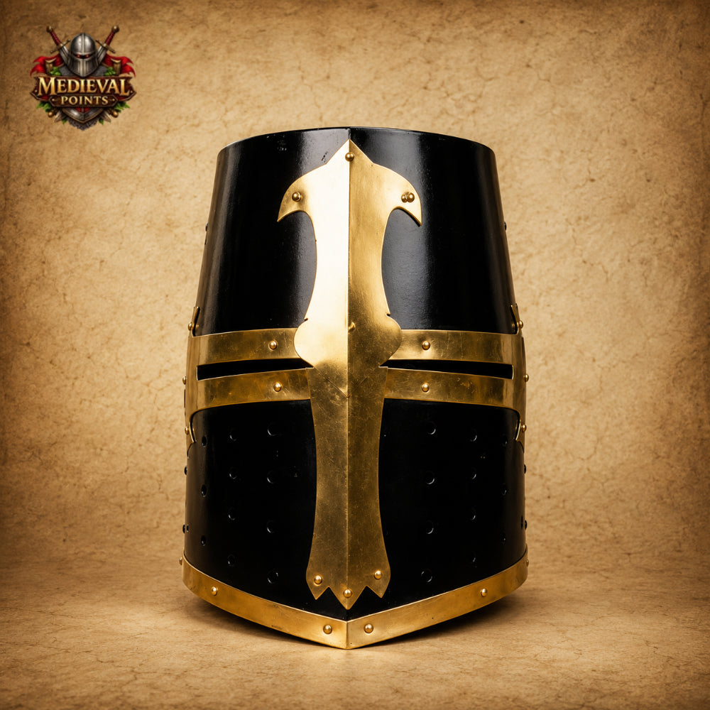 Black & Brass Templar Crusader Helmet with Wooden Display Stand | Medieval Knight Armor
