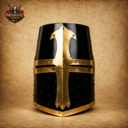 Black & Brass Templar Crusader Helmet with Wooden Display Stand | Medieval Knight Armor