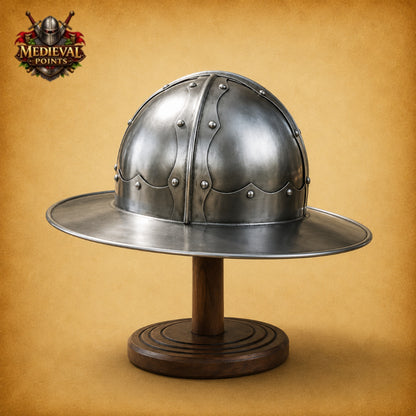 Medieval Kettle Hat Helmet with Wooden Display Stand – 18 Gauge Steel
