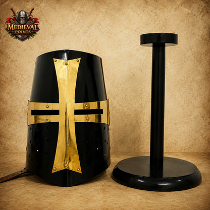 Medieval Templar Crusader Helmet with Wooden Display Stand