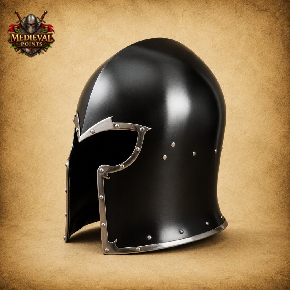 Medieval Barbuta Helmet Armor with Leather Liner & Wooden Display Stand | Wearable Knight Helmet
