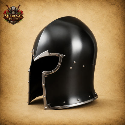 Medieval Barbuta Helmet Armor with Leather Liner & Wooden Display Stand | Wearable Knight Helmet