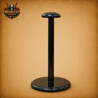 Medieval Knight Helmet with Wooden Display Stand – Silver Steel Armor