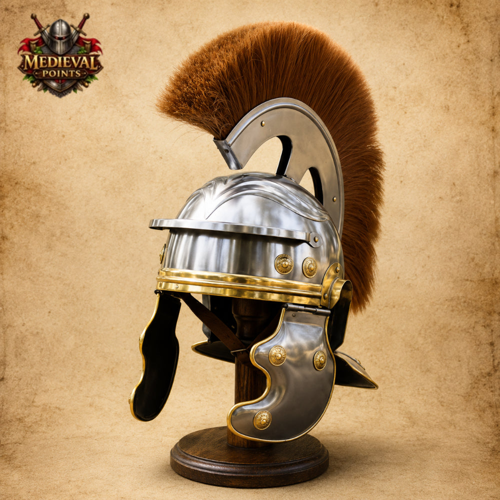 Roman Centurion Helmet with Brown Horsehair Plume & Wooden Display Stand