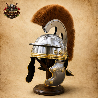 Roman Centurion Helmet with Brown Horsehair Plume & Wooden Display Stand