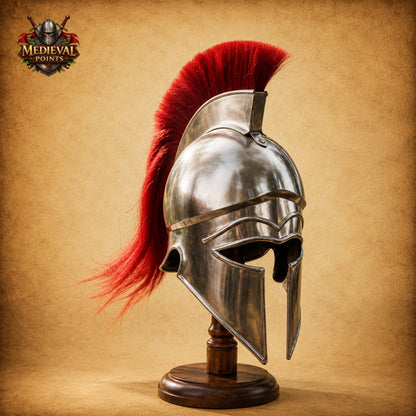 Greek Corinthian Helmet Silver Finish with Red Plume | Medieval Warrior Display Armor