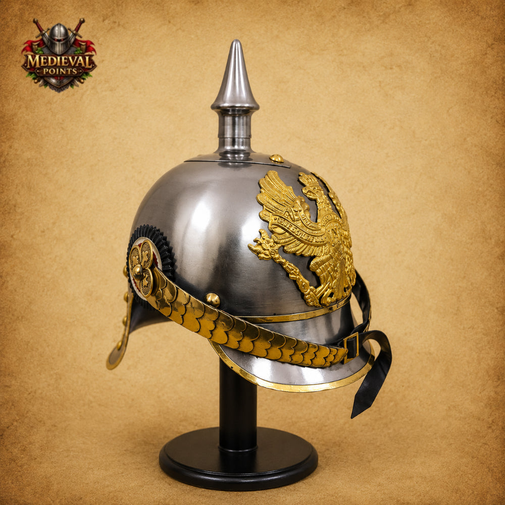 German Pickelhaube Spike Helmet | Military Replica with Wooden Display Stand