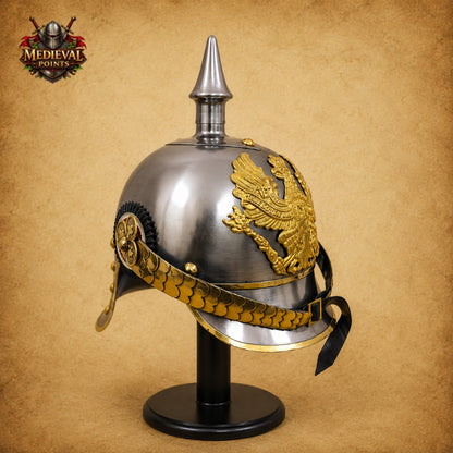 German Pickelhaube Spike Helmet | Military Replica with Wooden Display Stand