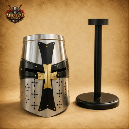 Medieval Crusader Templar Helmet | Silver Steel Knight Helmet with Black Cross & Wooden Stand