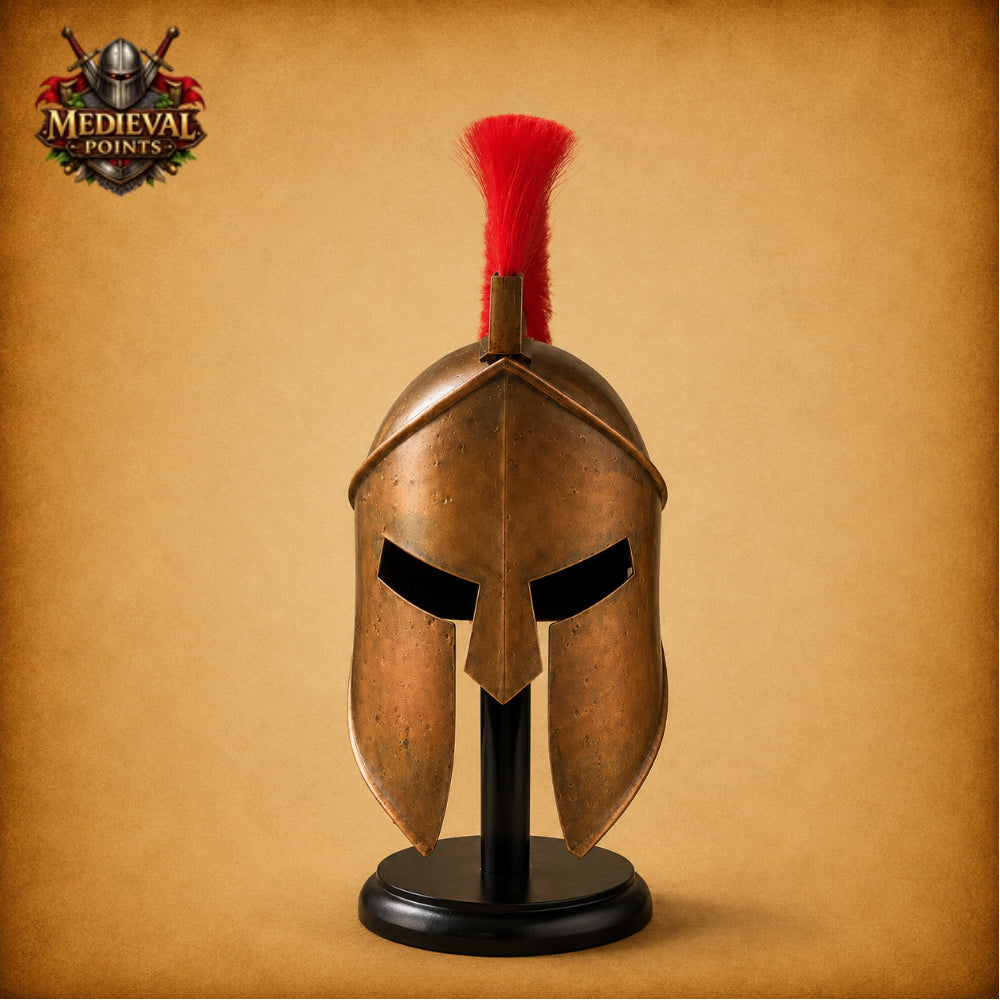 Leonidas Spartan Helmet with Red Plume & Wooden Display Stand | Greek Warrior Replica