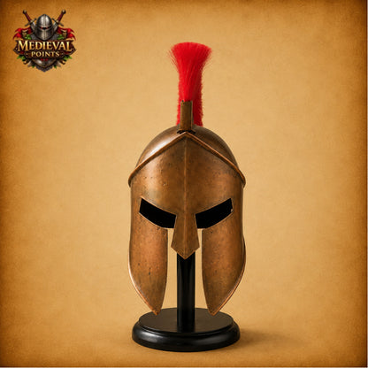 Leonidas Spartan Helmet with Red Plume & Wooden Display Stand | Greek Warrior Replica