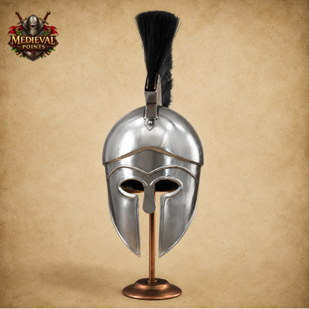Greek Silver Warrior Helmet with Black Plume & Wooden Display Stand