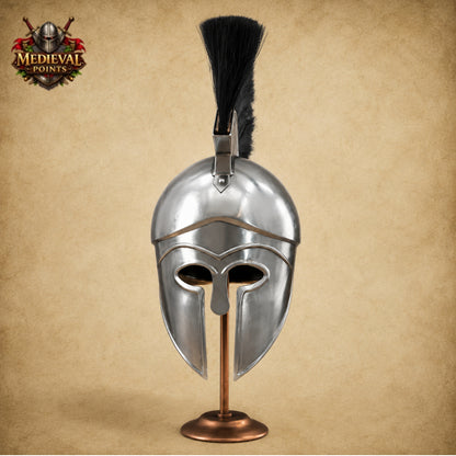 Greek Silver Warrior Helmet with Black Plume & Wooden Display Stand