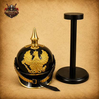 German Pickelhaube Black Steel Helmet | Imperial Officer Replica with Wooden Display Stand
